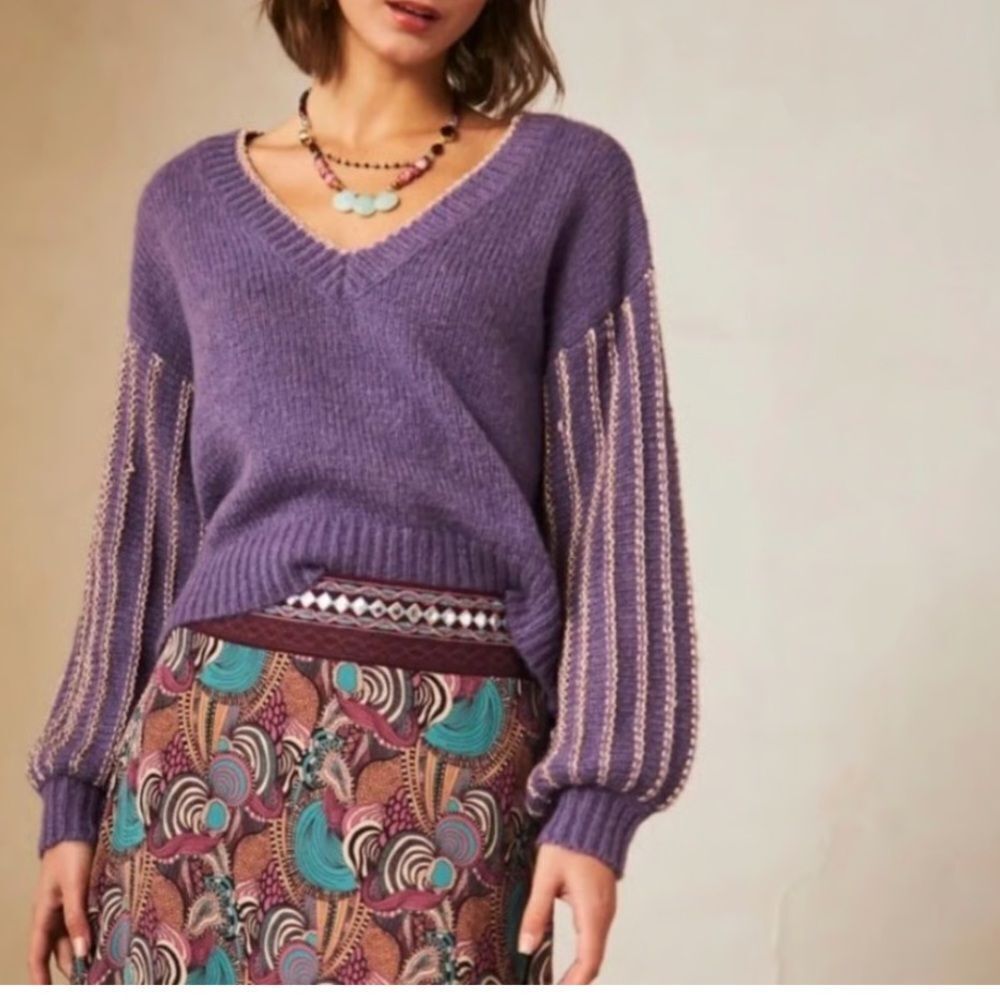 NWT Purple V-Neck Sweater with Striped Sleeves. Size M/L
